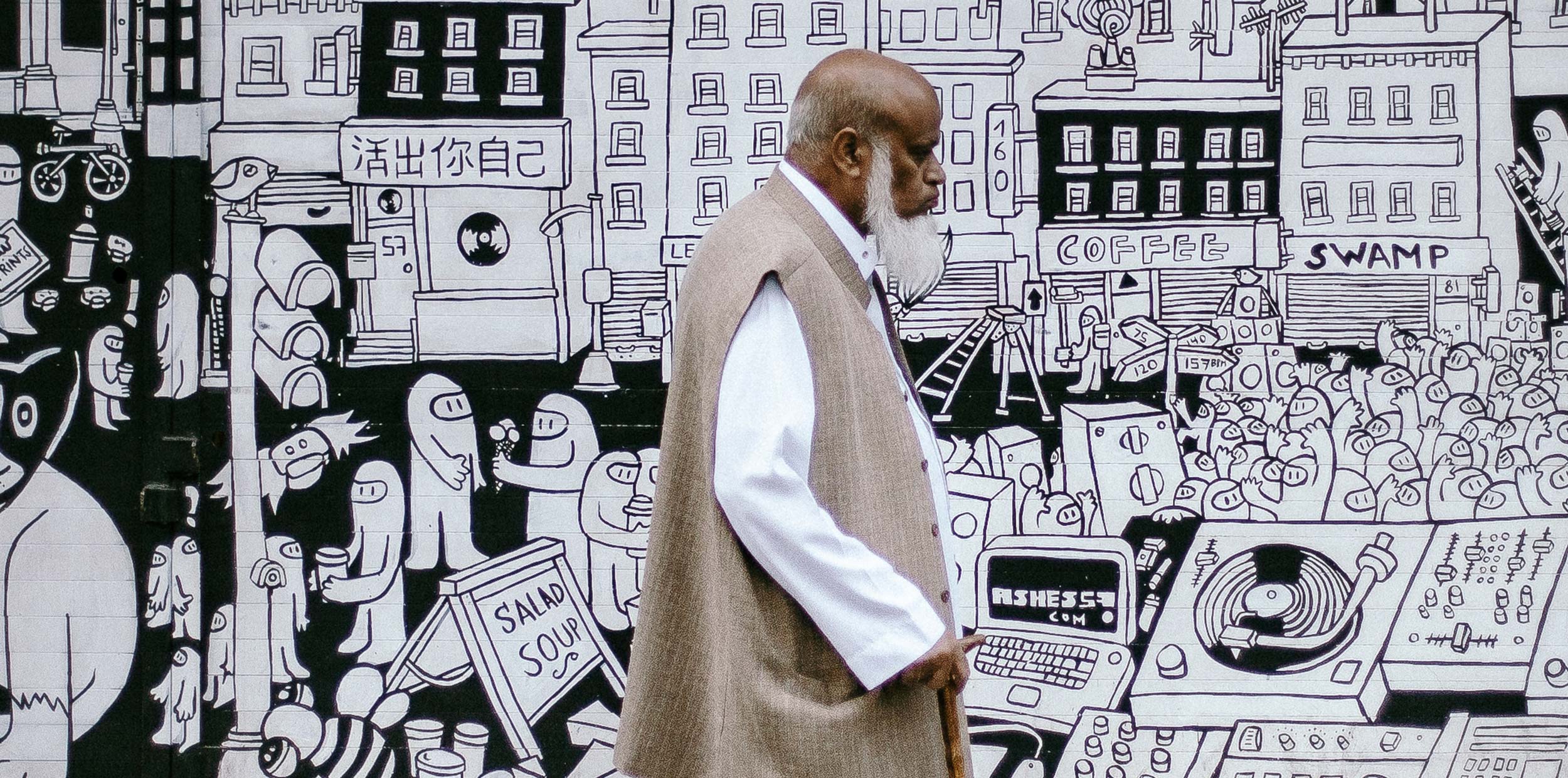 A man walking down a street in London
