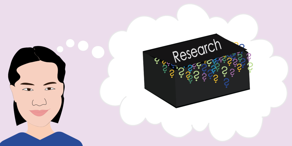 Illustration of Victoria Mah thinking about what it means to conduct research. Research is represented by a black box with question marks coming out of it